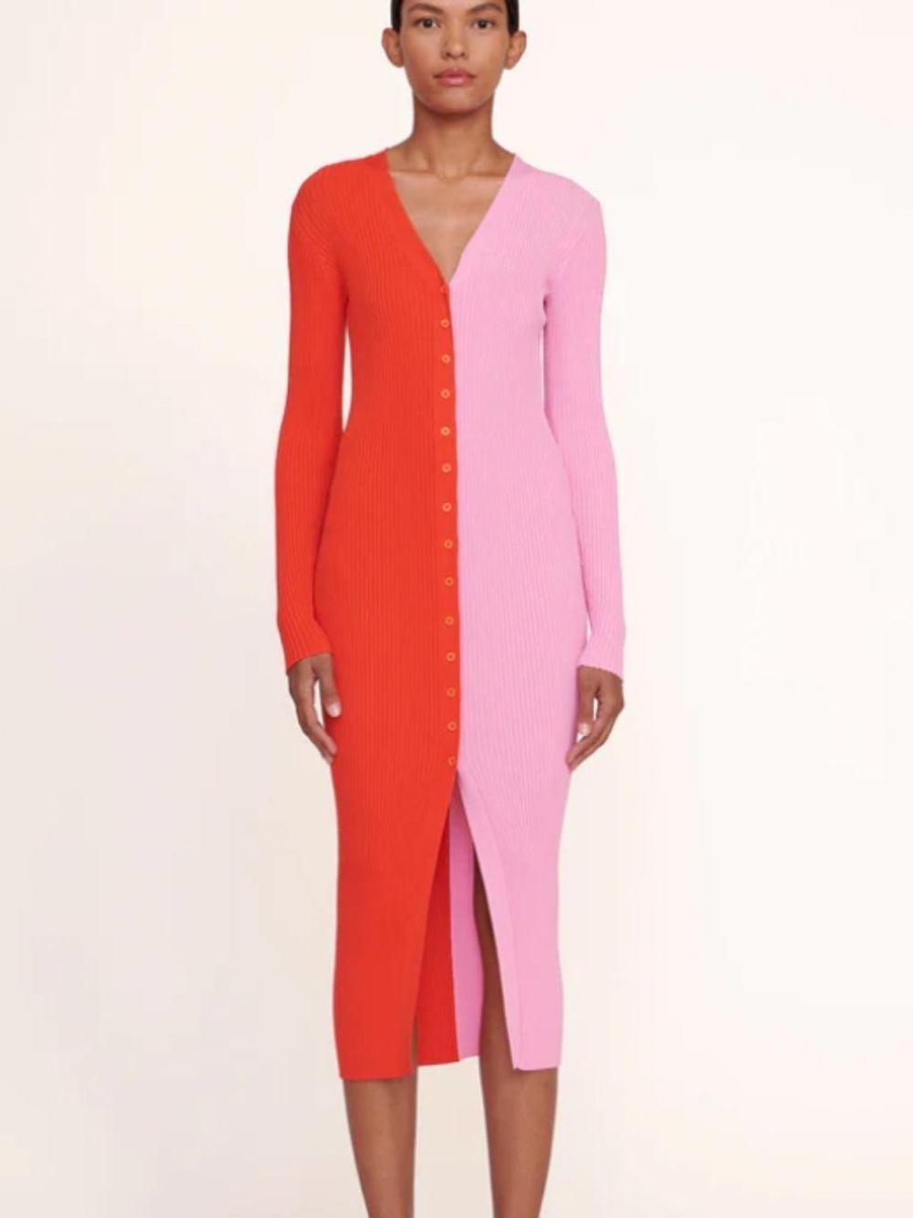 Staud Two-Tone Red and Pink Ribbed Button Shoko Sweater Midi Dress ✨